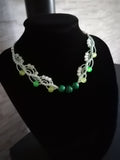 ras du cou de couleur menthe ,avec perles en verres, perles en acrylique fluorescentes et 3 perles en malachite. Tissé a la main en micro macramé.